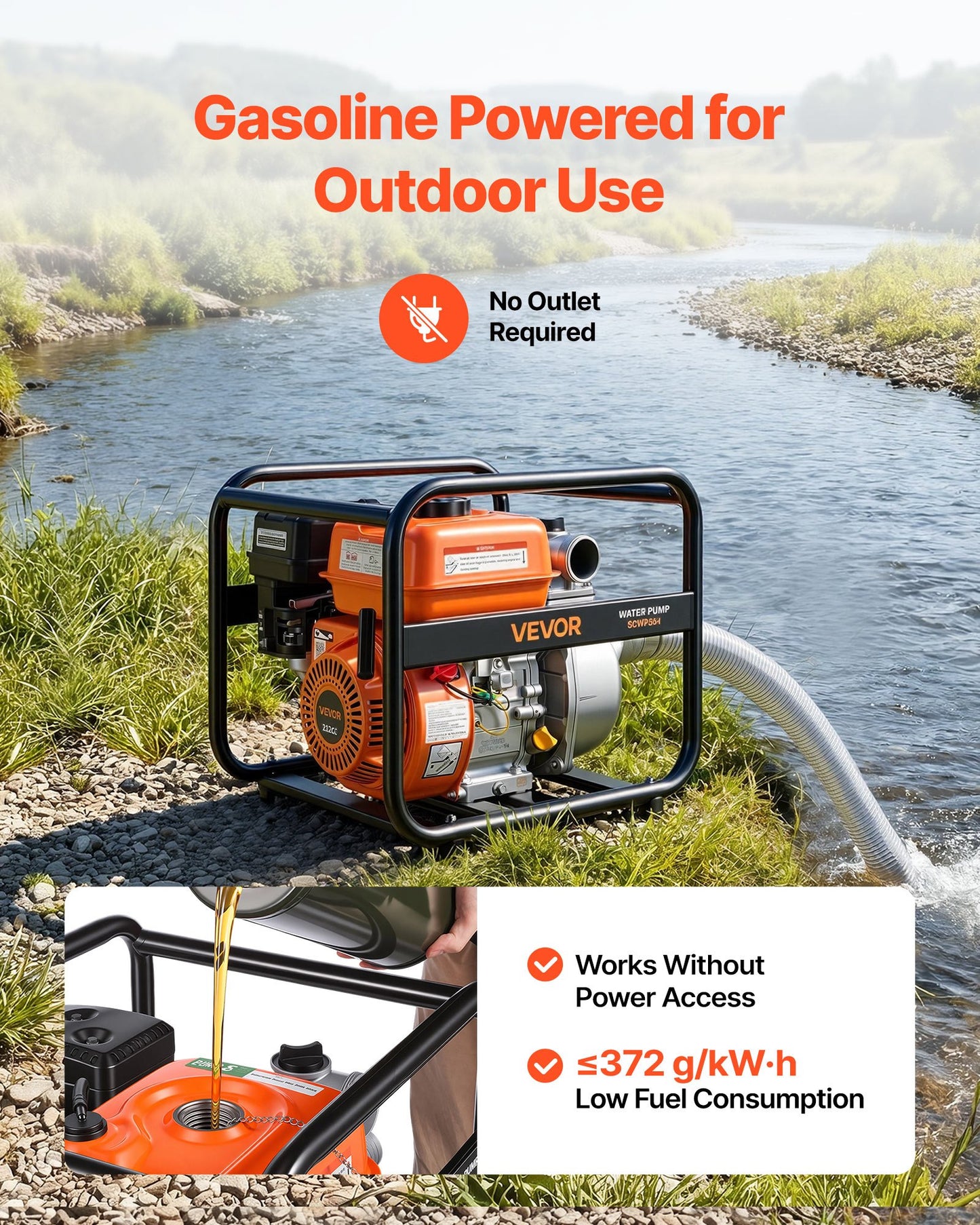 Gas Powered Water Pump, 50.8 mm, 132 GPM 6.5HP Semi Trash Water Transfer Pump Portable, Gasoline Engine with 7.62 m Discharge Hose, Heavy Duty Frame, Cast Iron Impeller, for Irrigation, Pools