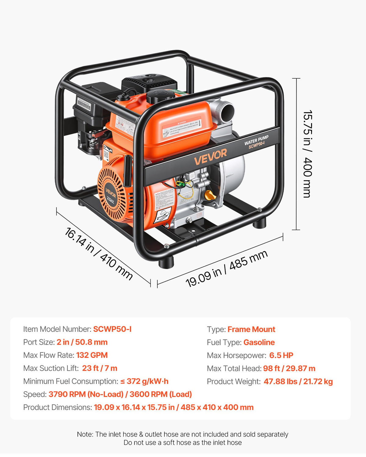 Gas Powered Water Pump, 50.8 mm, 132 GPM 6.5HP Semi Trash Water Transfer Pump Portable, Gasoline Engine with 7.62 m Discharge Hose, Heavy Duty Frame, Cast Iron Impeller, for Irrigation, Pools