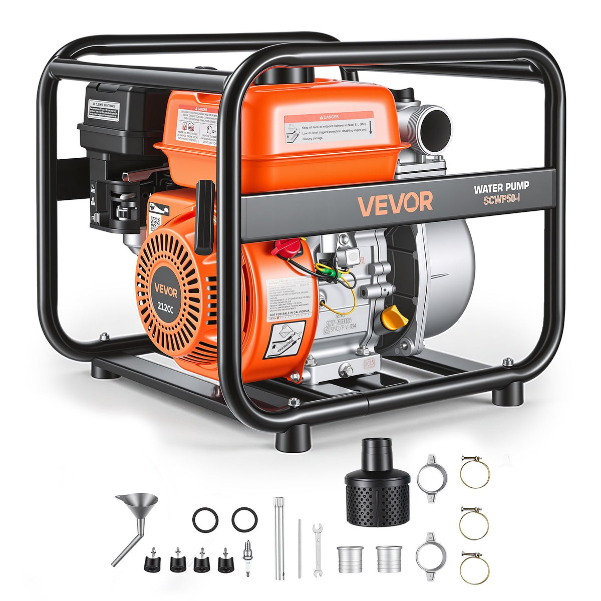 Gas Powered Water Pump, 50.8 mm, 132 GPM 6.5HP Semi Trash Water Transfer Pump Portable, Gasoline Engine with 7.62 m Discharge Hose, Heavy Duty Frame, Cast Iron Impeller, for Irrigation, Pools