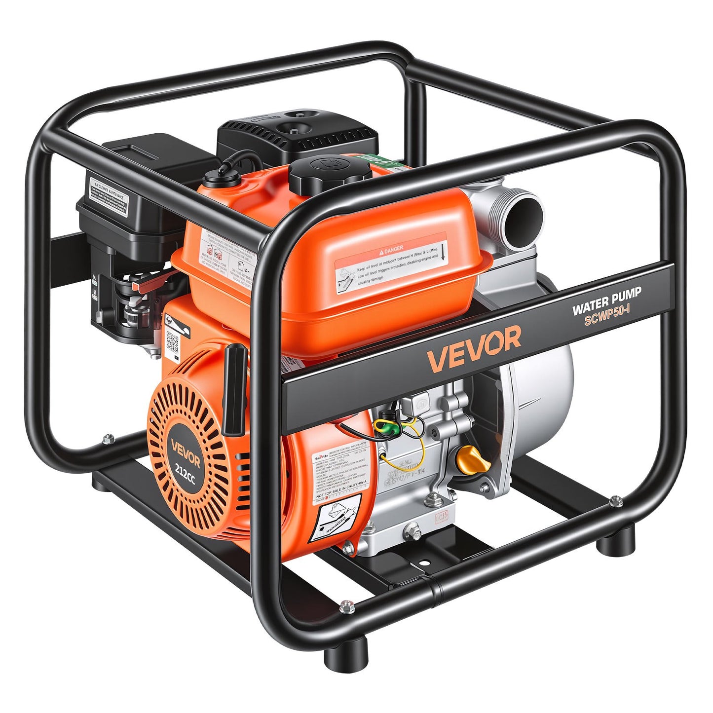 Gas Powered Water Pump, 50.8 mm, 132 GPM 6.5HP Semi Trash Water Transfer Pump Portable, Gasoline Engine with 7.62 m Discharge Hose, Heavy Duty Frame, Cast Iron Impeller, for Irrigation, Pools