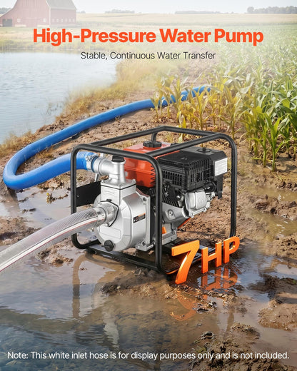 Gas Powered Water Pump, 50.8 mm, 158 GPM 7HP Semi Trash Water Transfer Pump Portable, Gasoline Engine with 7.62 m Discharge Hose, Heavy Duty Frame, Cast Iron Impeller, for Irrigation, Pools