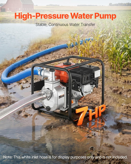 Gas Powered Water Pump, 50.8 mm, 158 GPM 7HP Semi Trash Water Transfer Pump Portable, Gasoline Engine with 7.62 m Discharge Hose, Heavy Duty Frame, Cast Iron Impeller, for Irrigation, Pools