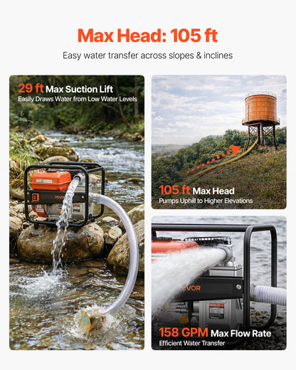 Gas Powered Water Pump, 50.8 mm, 158 GPM 7HP Semi Trash Water Transfer Pump Portable, Gasoline Engine with 7.62 m Discharge Hose, Heavy Duty Frame, Cast Iron Impeller, for Irrigation, Pools