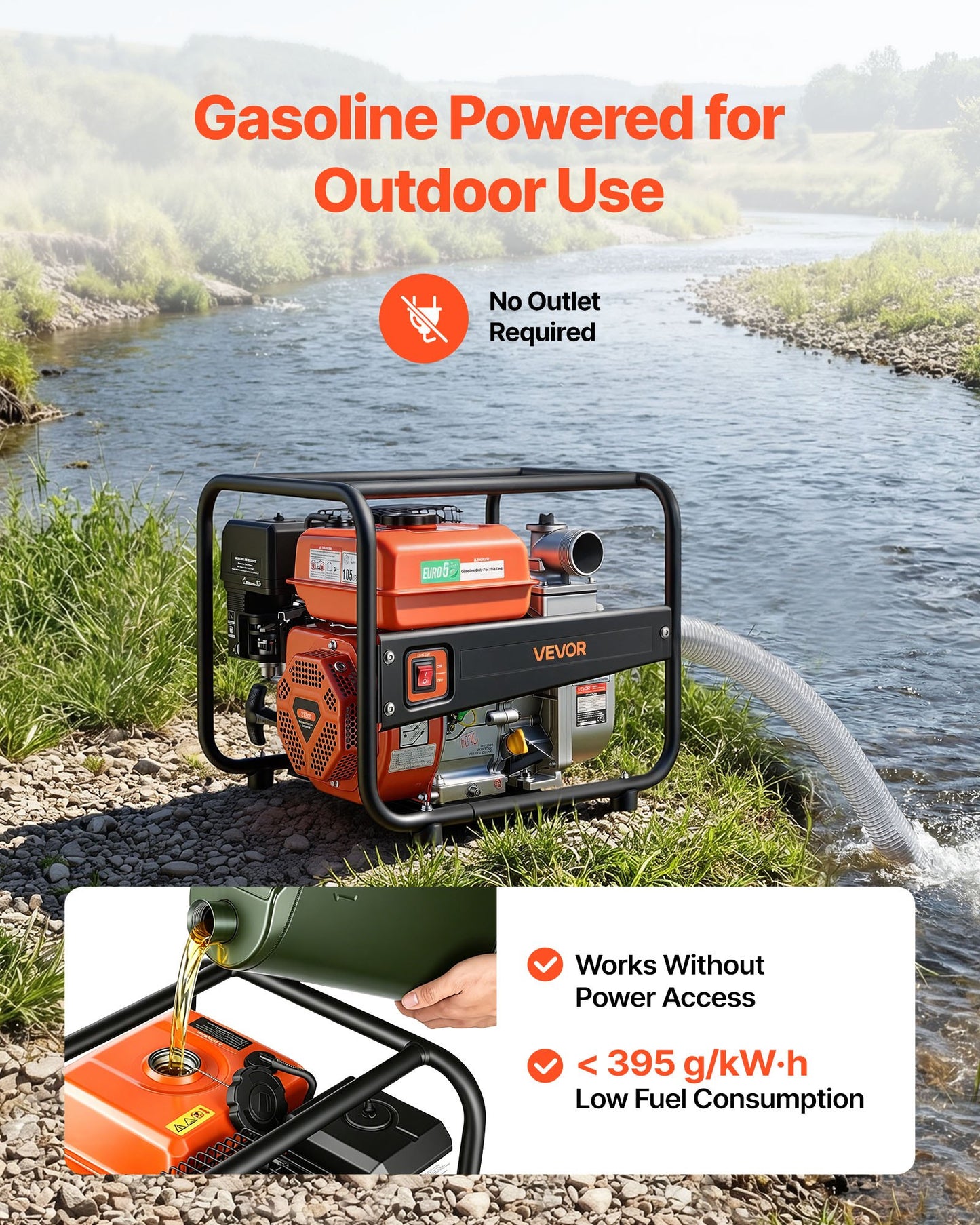 Gas Powered Water Pump, 50.8 mm, 158 GPM 7HP Semi Trash Water Transfer Pump Portable, Gasoline Engine with 7.62 m Discharge Hose, Heavy Duty Frame, Cast Iron Impeller, for Irrigation, Pools
