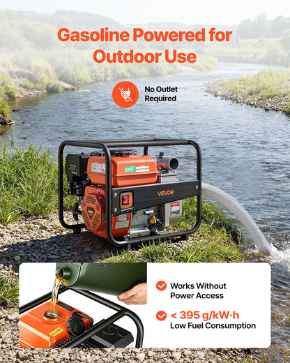 Gas Powered Water Pump, 50.8 mm, 158 GPM 7HP Semi Trash Water Transfer Pump Portable, Gasoline Engine with 7.62 m Discharge Hose, Heavy Duty Frame, Cast Iron Impeller, for Irrigation, Pools