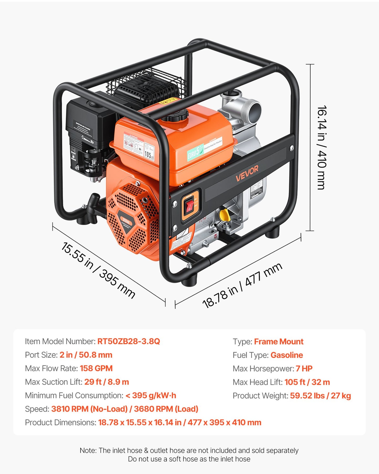 Gas Powered Water Pump, 50.8 mm, 158 GPM 7HP Semi Trash Water Transfer Pump Portable, Gasoline Engine with 7.62 m Discharge Hose, Heavy Duty Frame, Cast Iron Impeller, for Irrigation, Pools