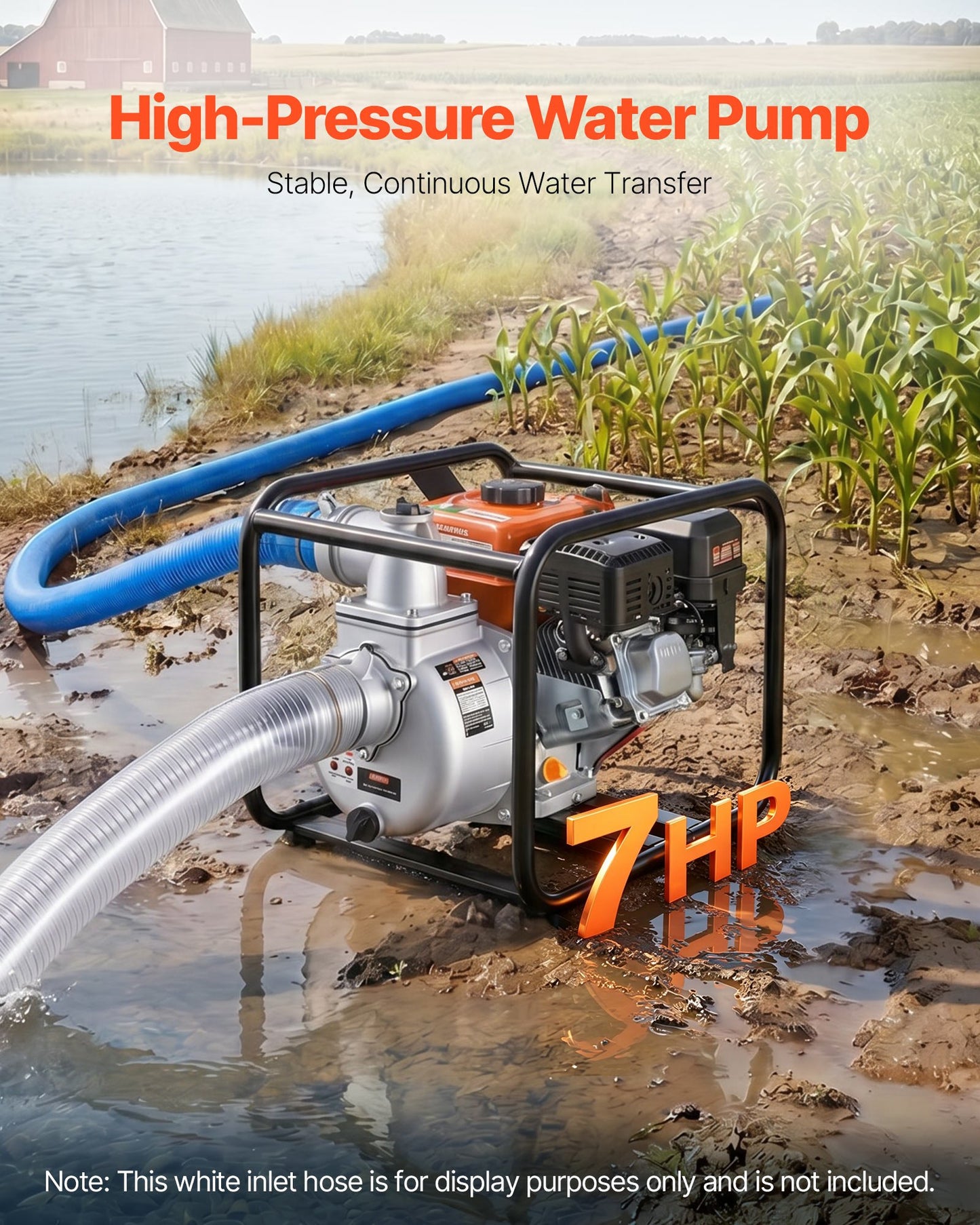 Gas Powered Water Pump, 76.2 mm, 242 GPM 7HP Semi Trash Water Transfer Pump Portable, Gasoline Engine with 7.62 m Discharge Hose, Heavy Duty Frame, Cast Iron Impeller, for Irrigation, Pools
