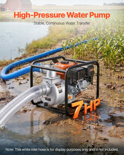 Gas Powered Water Pump, 76.2 mm, 242 GPM 7HP Semi Trash Water Transfer Pump Portable, Gasoline Engine with 7.62 m Discharge Hose, Heavy Duty Frame, Cast Iron Impeller, for Irrigation, Pools