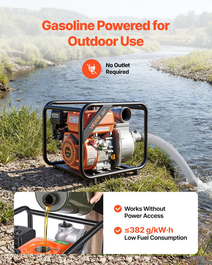 Gas Powered Water Pump, 76.2 mm, 242 GPM 7HP Semi Trash Water Transfer Pump Portable, Gasoline Engine with 7.62 m Discharge Hose, Heavy Duty Frame, Cast Iron Impeller, for Irrigation, Pools