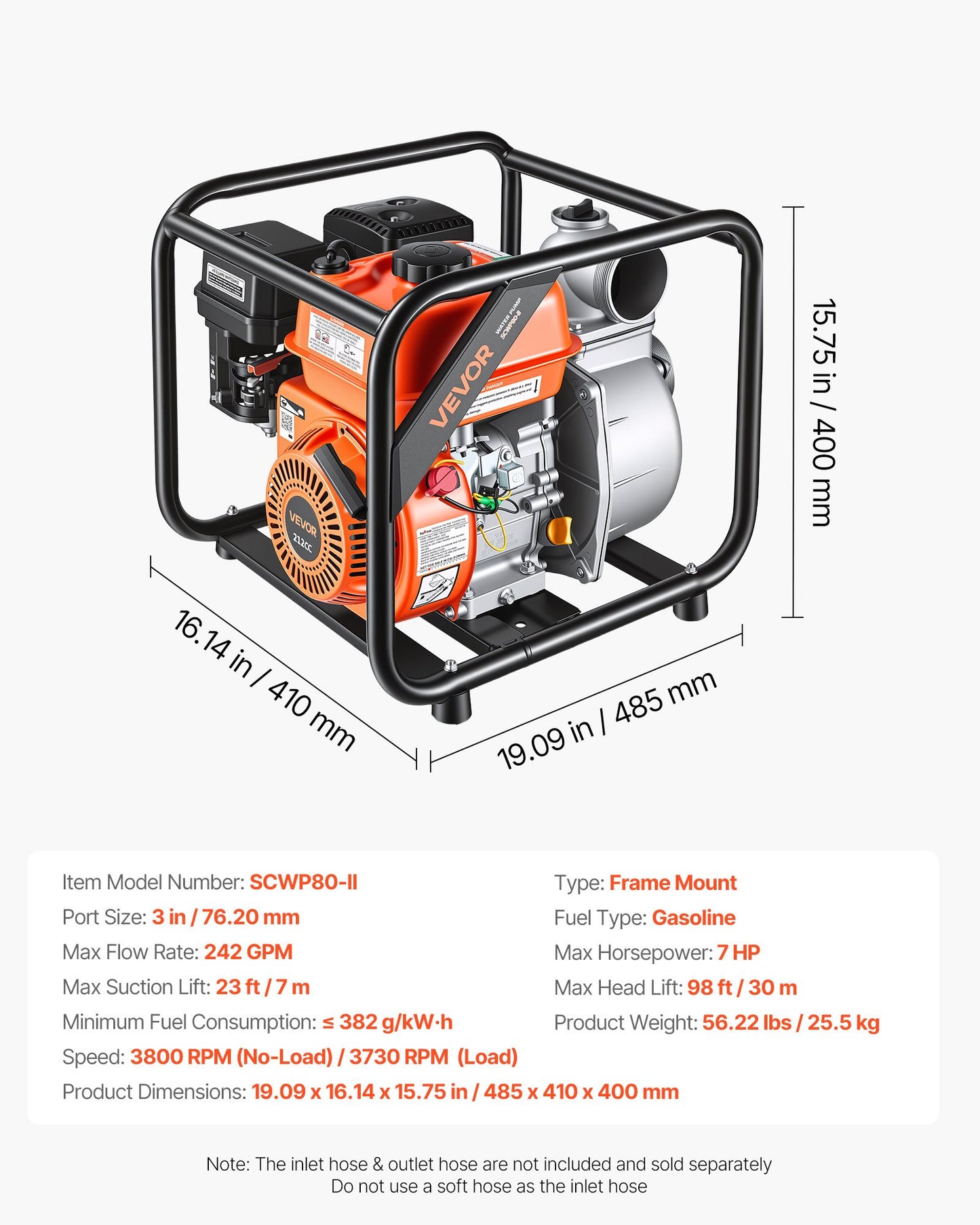 Gas Powered Water Pump, 76.2 mm, 242 GPM 7HP Semi Trash Water Transfer Pump Portable, Gasoline Engine with 7.62 m Discharge Hose, Heavy Duty Frame, Cast Iron Impeller, for Irrigation, Pools