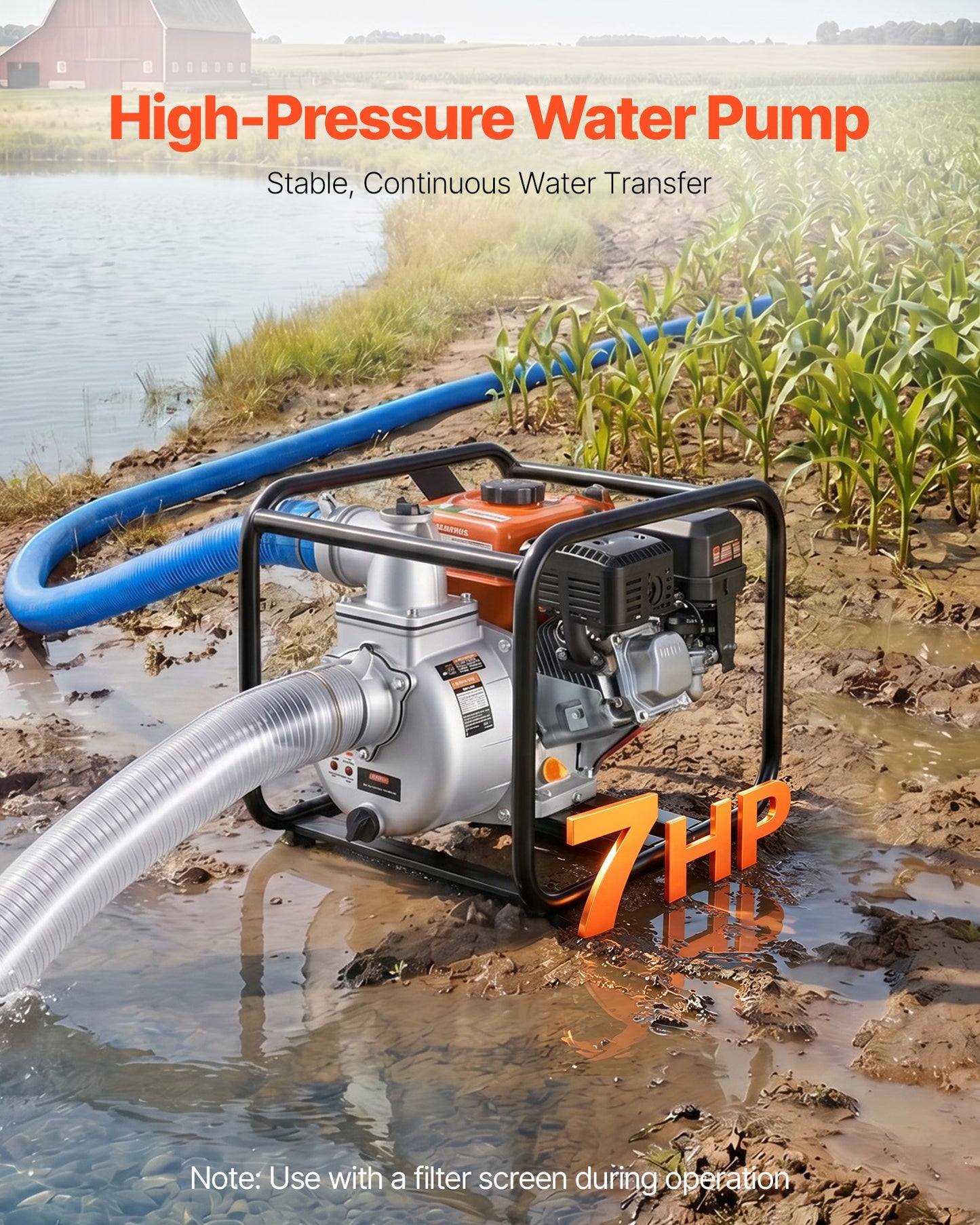 Gas Powered Water Pump, 76.2 mm, 264 GPM 7HP Semi Trash Water Transfer Pump Portable, Gasoline Engine with 7.62 m Discharge Hose, Heavy Duty Frame, Cast Iron Impeller, for Irrigation, Pools