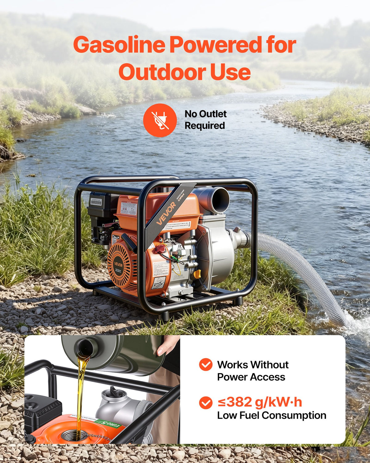 Gas Powered Water Pump, 76.2 mm, 264 GPM 7HP Semi Trash Water Transfer Pump Portable, Gasoline Engine with 7.62 m Discharge Hose, Heavy Duty Frame, Cast Iron Impeller, for Irrigation, Pools