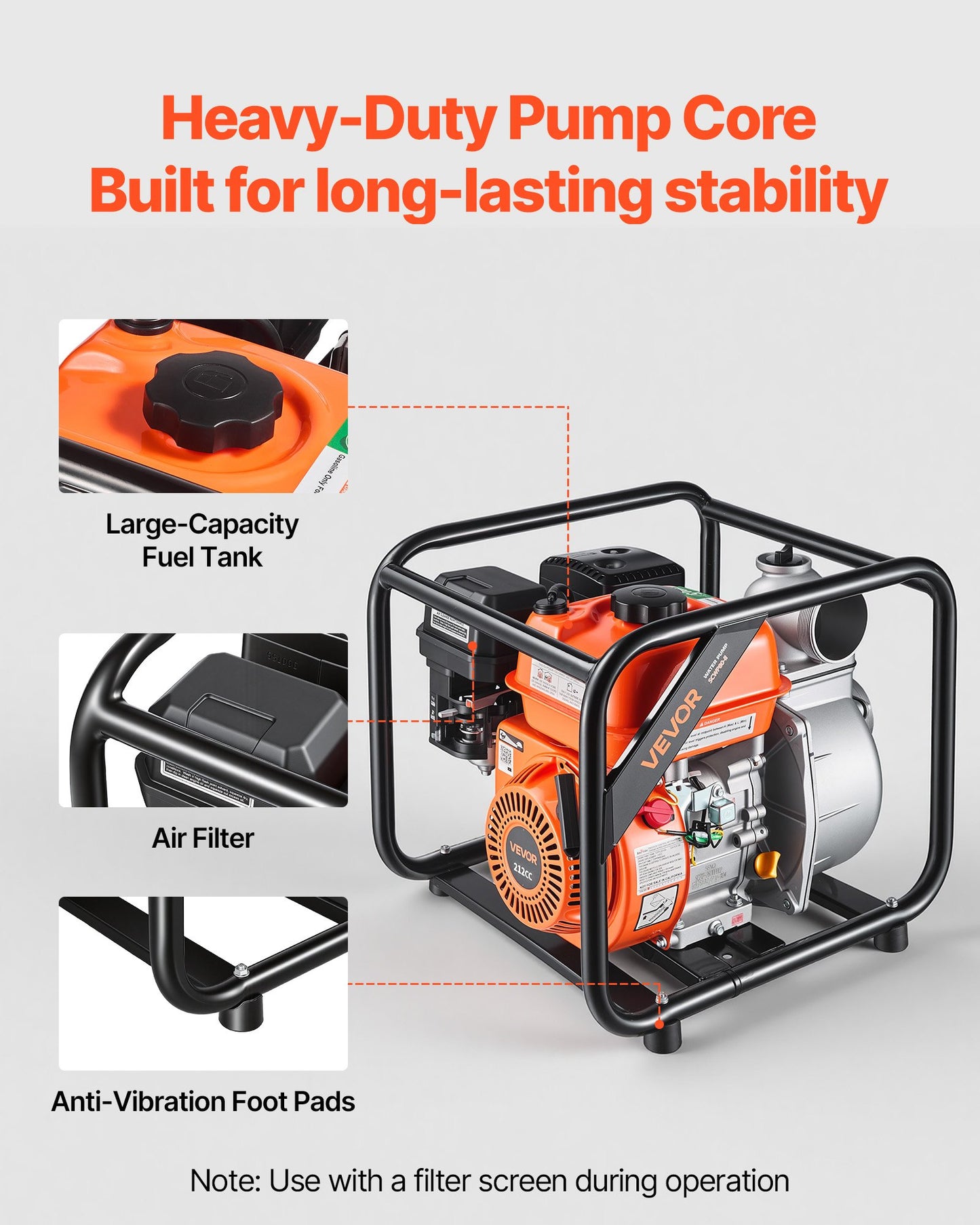 Gas Powered Water Pump, 76.2 mm, 264 GPM 7HP Semi Trash Water Transfer Pump Portable, Gasoline Engine with 7.62 m Discharge Hose, Heavy Duty Frame, Cast Iron Impeller, for Irrigation, Pools