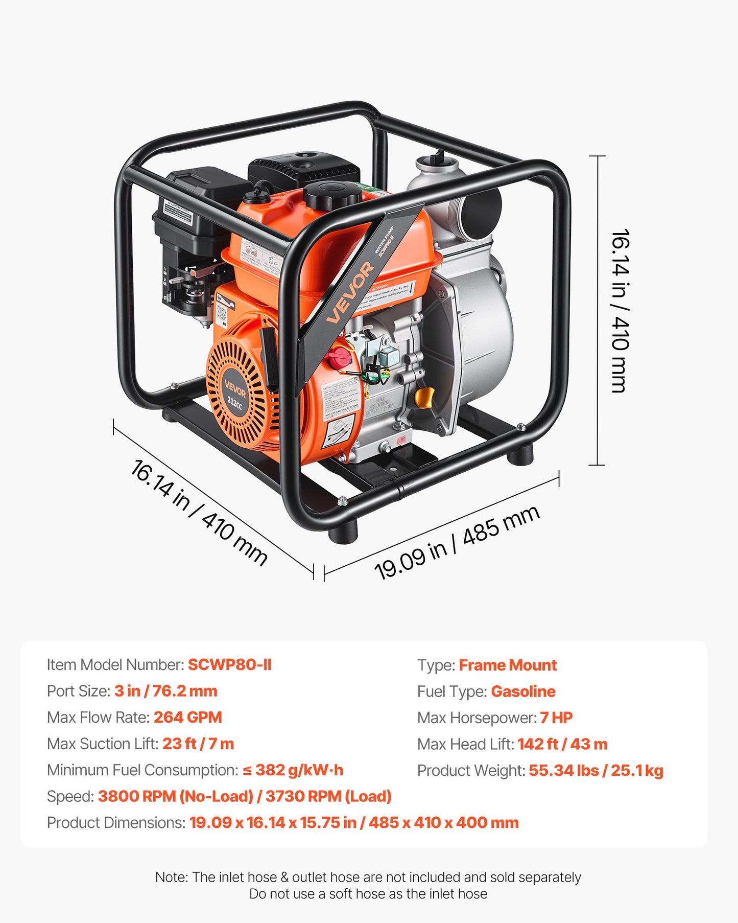 Gas Powered Water Pump, 76.2 mm, 264 GPM 7HP Semi Trash Water Transfer Pump Portable, Gasoline Engine with 7.62 m Discharge Hose, Heavy Duty Frame, Cast Iron Impeller, for Irrigation, Pools