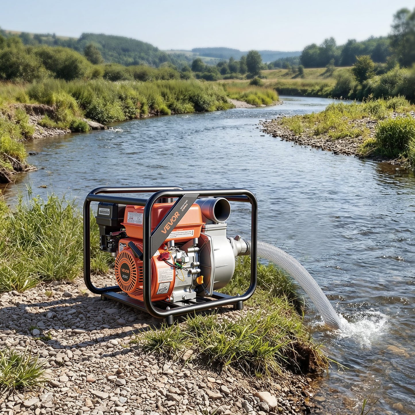 Gas Powered Water Pump, 76.2 mm, 264 GPM 7HP Semi Trash Water Transfer Pump Portable, Gasoline Engine with 7.62 m Discharge Hose, Heavy Duty Frame, Cast Iron Impeller, for Irrigation, Pools
