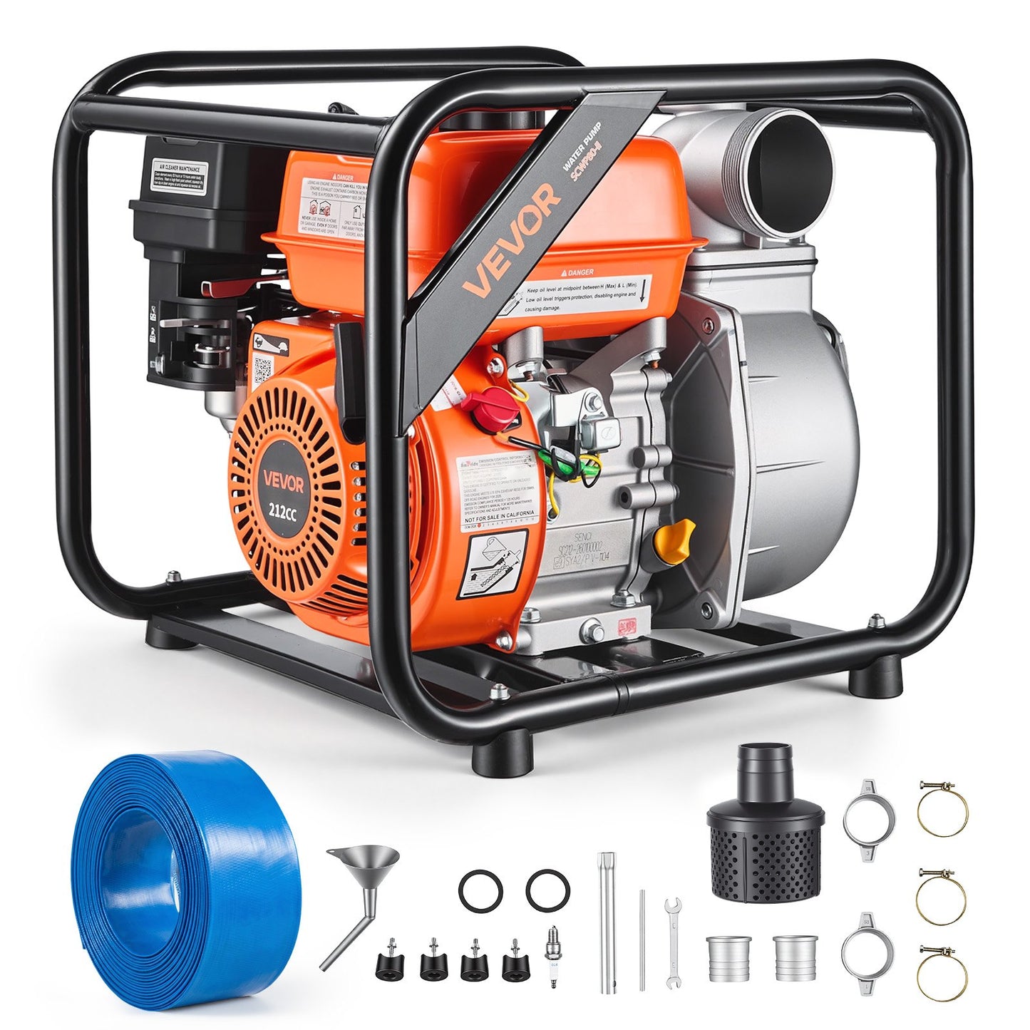Gas Powered Water Pump, 76.2 mm, 264 GPM 7HP Semi Trash Water Transfer Pump Portable, Gasoline Engine with 7.62 m Discharge Hose, Heavy Duty Frame, Cast Iron Impeller, for Irrigation, Pools