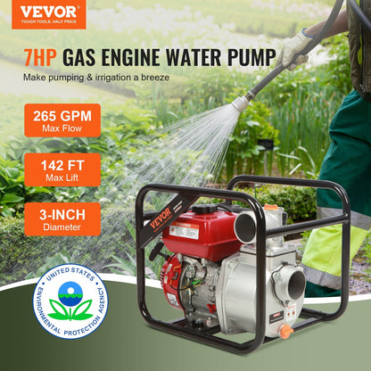 Powerful 7HP Gasoline Water Pump, 265 GPM, 43m Lift, 7m Suction, Portable