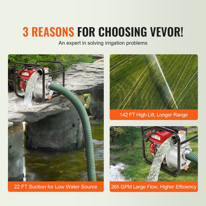 Powerful 7HP Gasoline Water Pump, 265 GPM, 43m Lift, 7m Suction, Portable