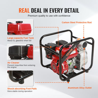 VEVOR Gasoline Engine Water Pump, 80 mm, 7HP 265 GPM, 43 m Lift, 7 m Suction, 4-Stroke