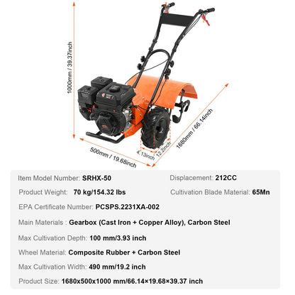 Gas-Powered 212CC 4-Stroke Garden Tiller with Adjustable Tines, 70kg, 1m Width
