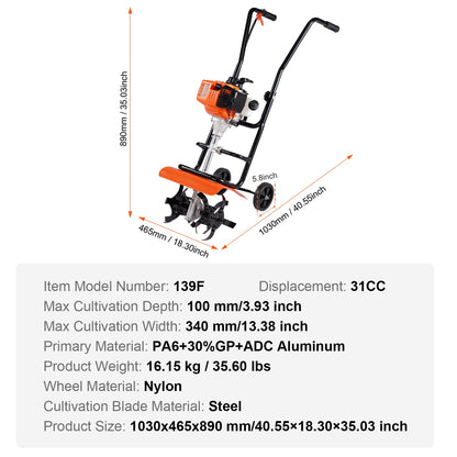 VEVOR Tiller Cultivator Gas Powered, 38CC 4-Stroke Garden Cultivator, Tiller with