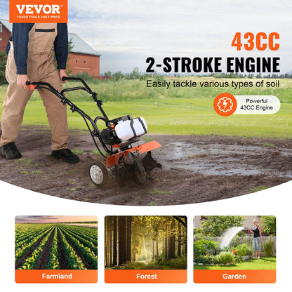 VEVOR Tiller Cultivator Gas Powered, 43CC 2-Stroke Garden Cultivator, Tiller with