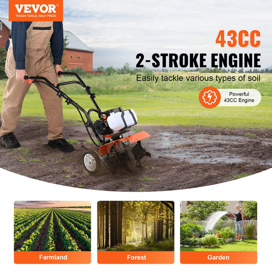 VEVOR Tiller Cultivator Gas Powered, 43CC 2-Stroke Garden Cultivator, Tiller with