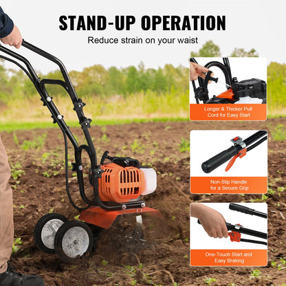 VEVOR Tiller Cultivator Gas Powered, 43CC 2-Stroke Garden Cultivator, Tiller with