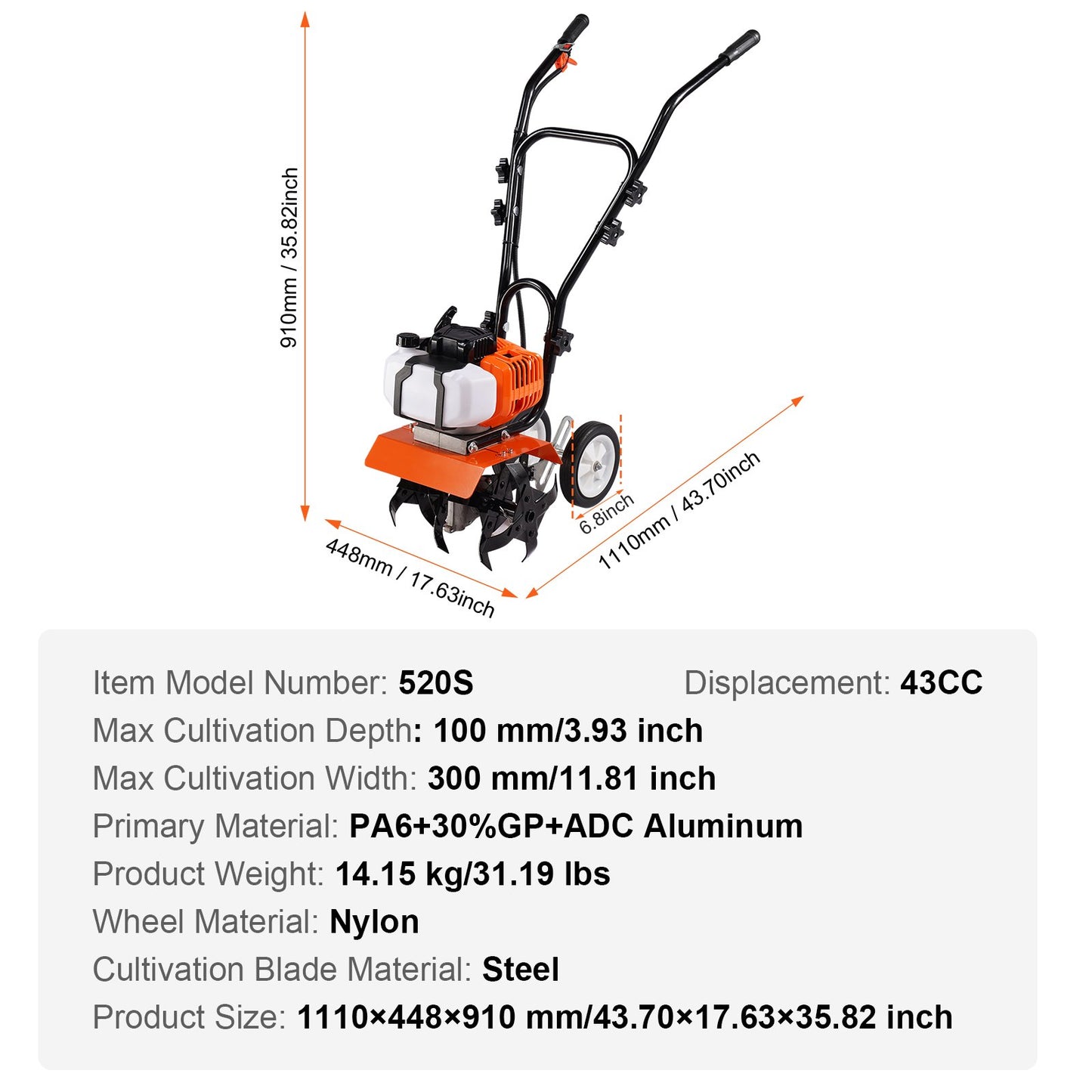 VEVOR Tiller Cultivator Gas Powered, 43CC 2-Stroke Garden Cultivator, Tiller with
