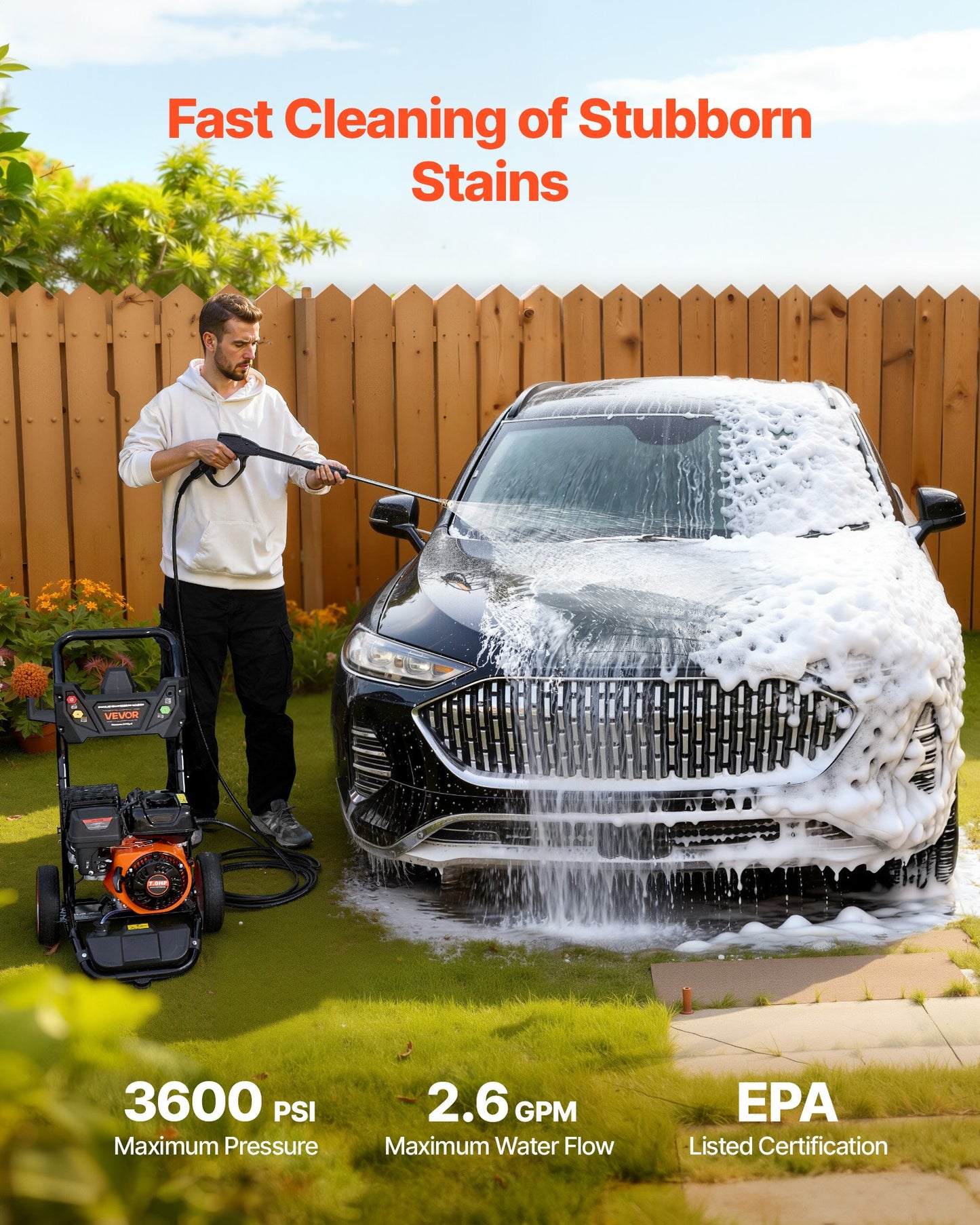 Gas Pressure Washer 3600 PSI and 9.8 L/min, Full Copper Pump, Spray Gun and Wand, 5 Nozzle Set, 7.9m Hose Gas Powered Pressure Washer for Cars, Fences, Driveways, Homes, Patios, Furniture
