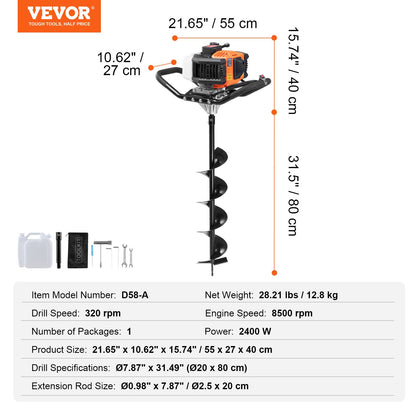VEVOR Gas Post Hole Digger 63CC 2400W with 8” Drill Bits & 1 Extension Rod