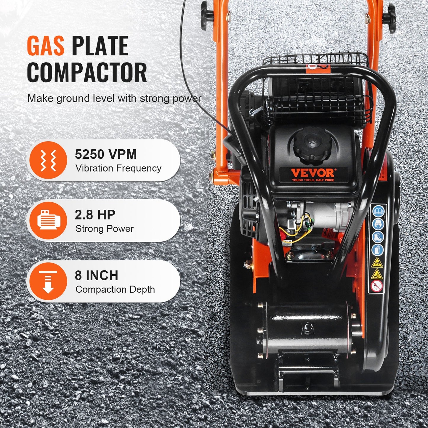 VEVOR Plate Compactor Plate Tamper 2.8 HP Walk-Behind Rammer 78.5cc EPA Engine