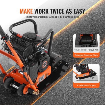 VEVOR Plate Compactor Plate Tamper 2.8 HP Walk-Behind Rammer 78.5cc EPA Engine