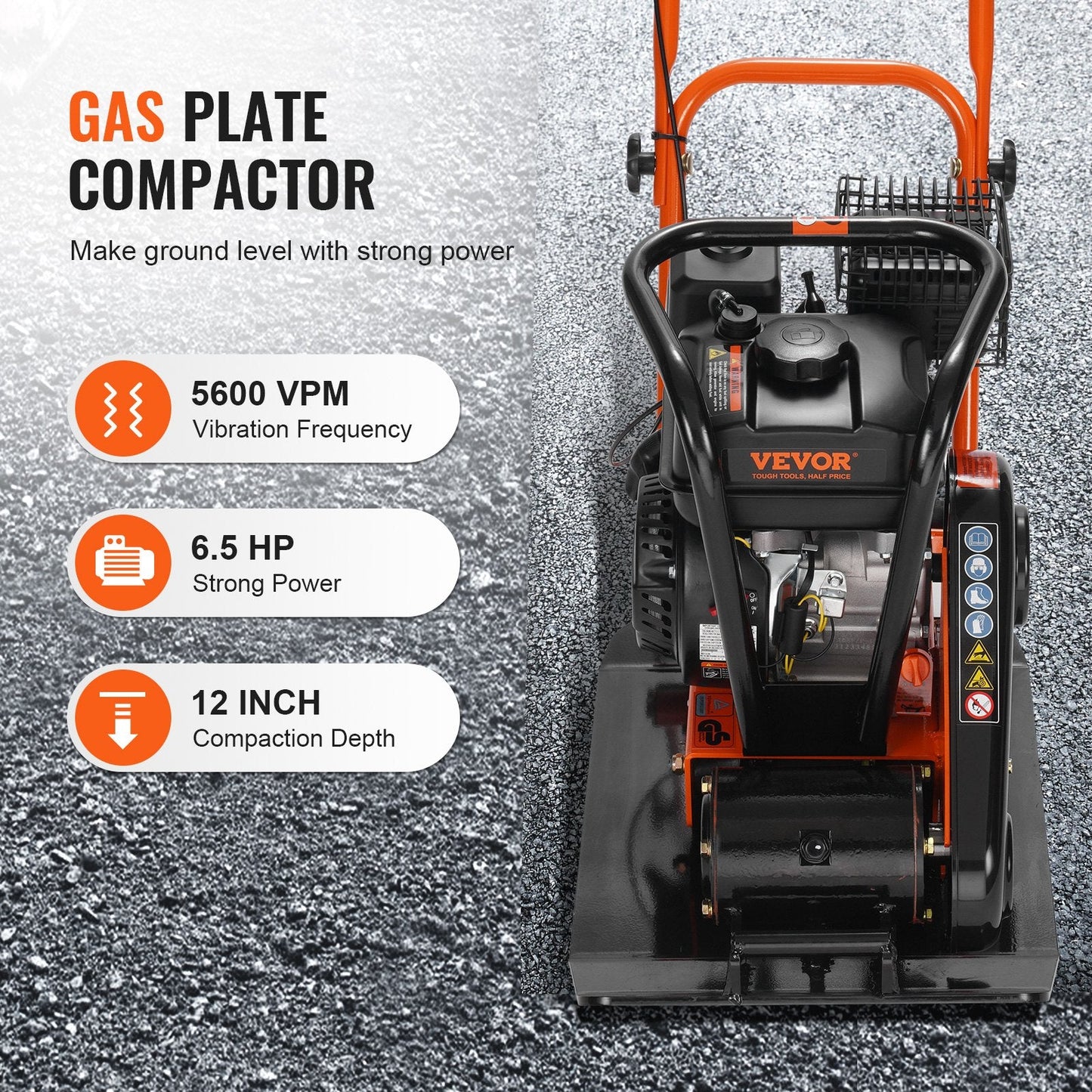 6.5HP Gas-Powered Walk-Behind Plate Compactor, 196cc, 4200 kg Compaction Force