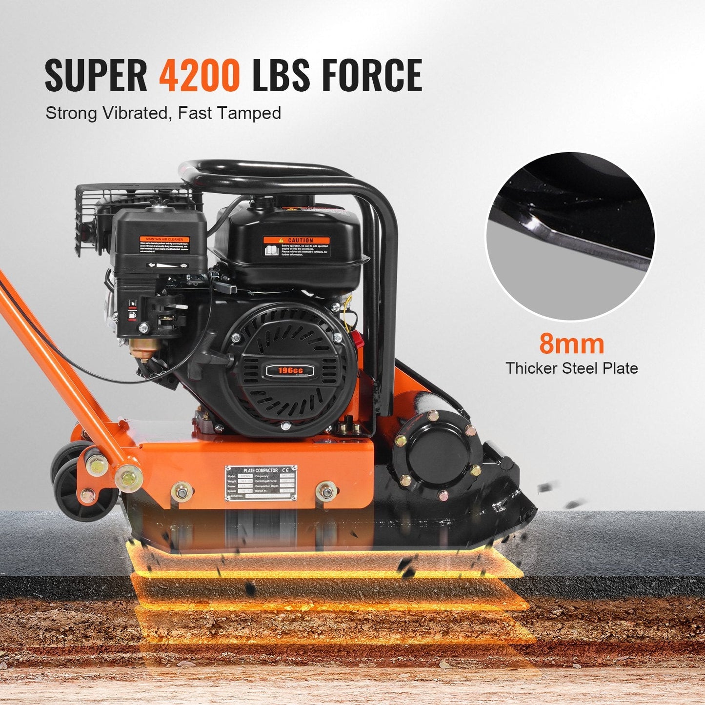 6.5HP Gas-Powered Walk-Behind Plate Compactor, 196cc, 4200 kg Compaction Force