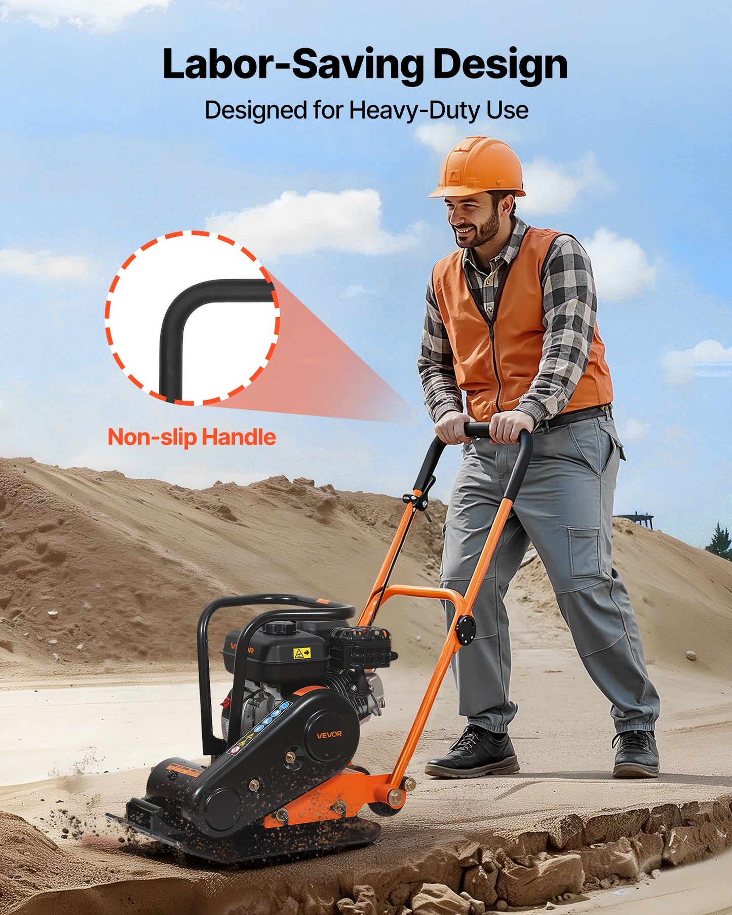 Plate Compactor, 6.5 HP 196CC Gas Engine, 5600 VPM Vibrating Ground Rammer, 10.5 kN Compaction Force, 510.5 x 381 mm Plate, Walk Behind Compactor for Paver Landscaping, Asphalt, Foundation, Soil