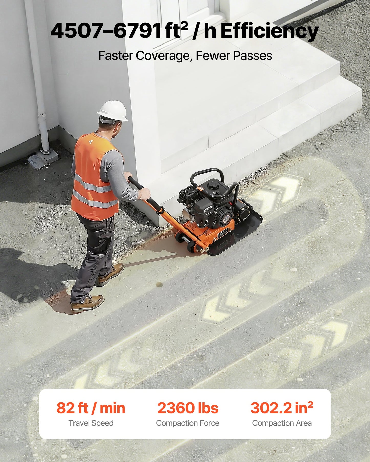 Plate Compactor, 6.5 HP 196CC Gas Engine, 5600 VPM Vibrating Ground Rammer, 10.5 kN Compaction Force, 510.5 x 381 mm Plate, Walk Behind Compactor for Paver Landscaping, Asphalt, Foundation, Soil