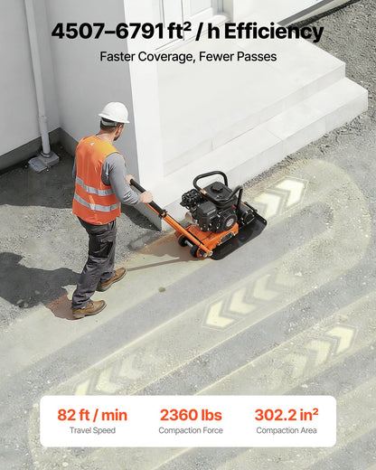 Plate Compactor, 6.5 HP 196CC Gas Engine, 5600 VPM Vibrating Ground Rammer, 10.5 kN Compaction Force, 510.5 x 381 mm Plate, Walk Behind Compactor for Paver Landscaping, Asphalt, Foundation, Soil