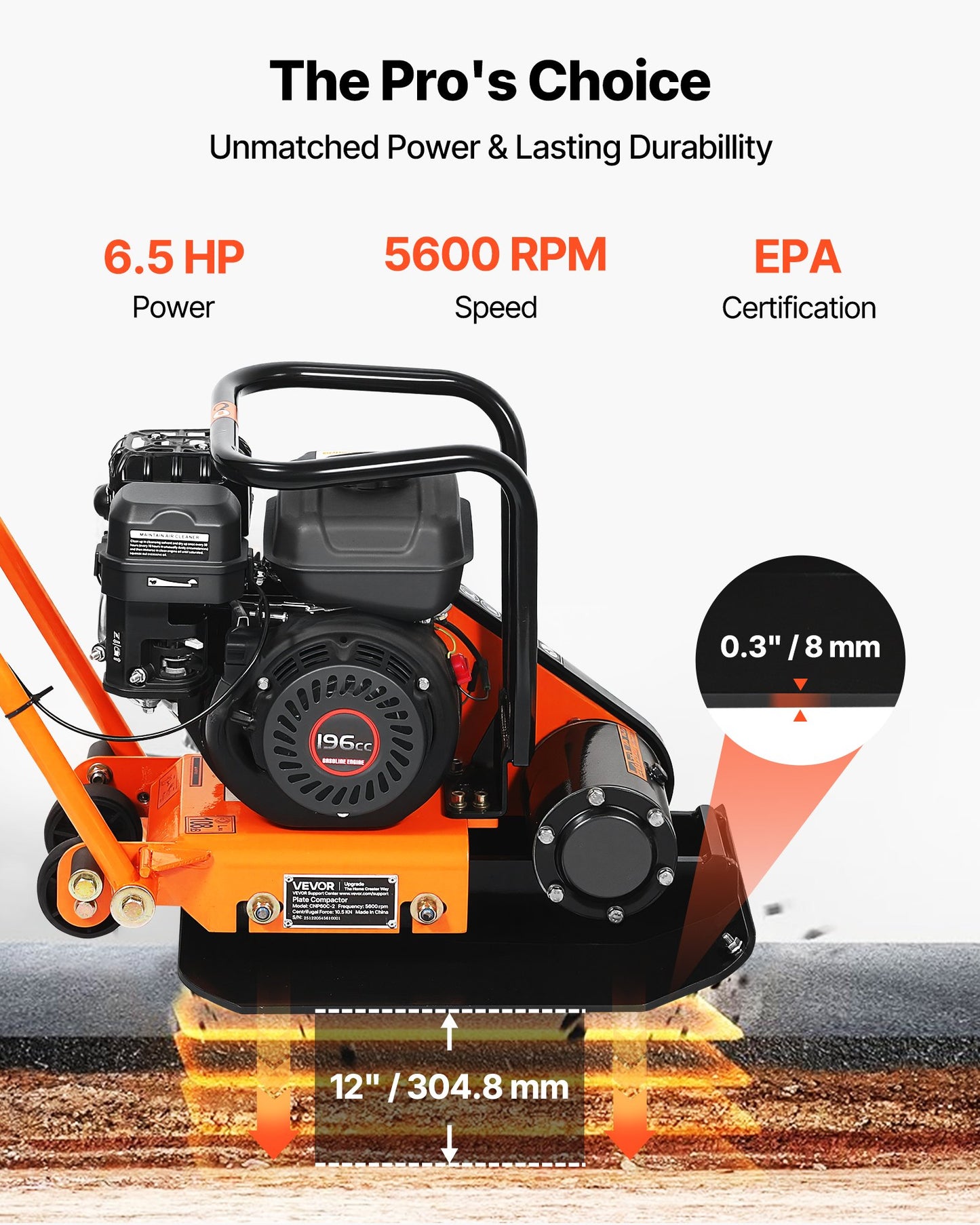 Plate Compactor, 6.5 HP 196CC Gas Engine, 5600 VPM Vibrating Ground Rammer, 10.5 kN Compaction Force, 510.5 x 381 mm Plate, Walk Behind Compactor for Paver Landscaping, Asphalt, Foundation, Soil