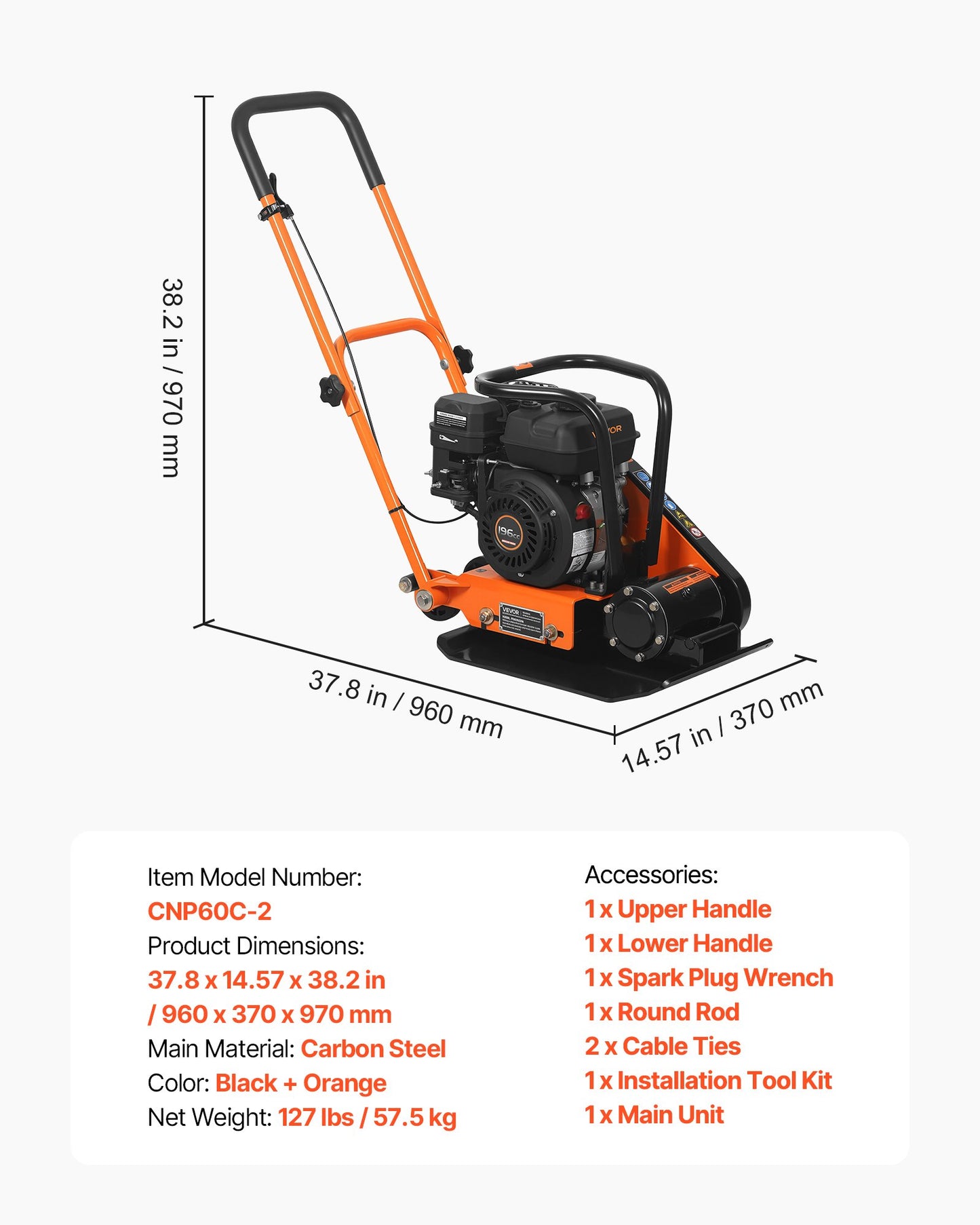 Plate Compactor, 6.5 HP 196CC Gas Engine, 5600 VPM Vibrating Ground Rammer, 10.5 kN Compaction Force, 510.5 x 381 mm Plate, Walk Behind Compactor for Paver Landscaping, Asphalt, Foundation, Soil