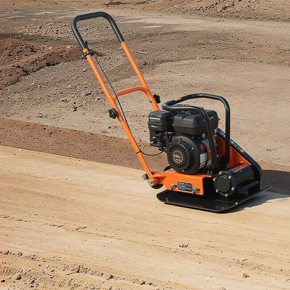Plate Compactor, 6.5 HP 196CC Gas Engine, 5600 VPM Vibrating Ground Rammer, 10.5 kN Compaction Force, 510.5 x 381 mm Plate, Walk Behind Compactor for Paver Landscaping, Asphalt, Foundation, Soil