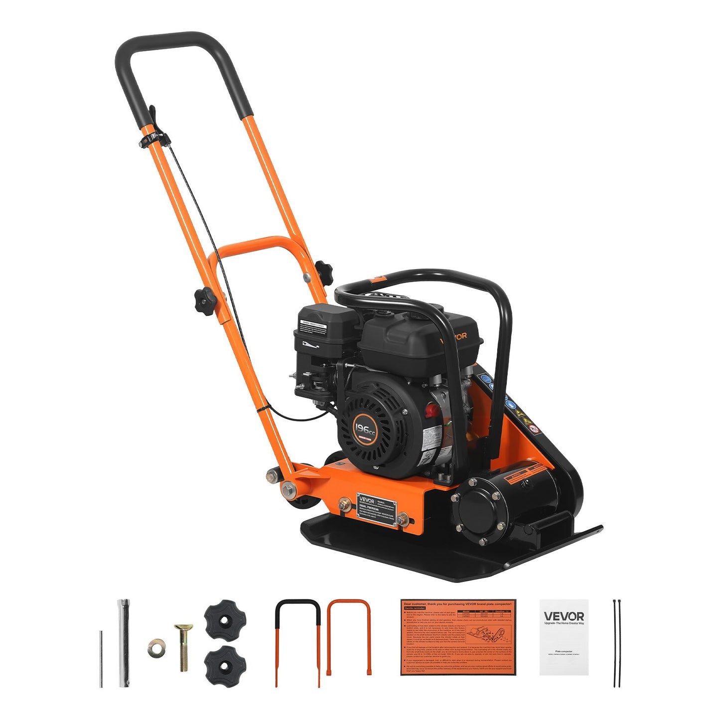Plate Compactor, 6.5 HP 196CC Gas Engine, 5600 VPM Vibrating Ground Rammer, 10.5 kN Compaction Force, 510.5 x 381 mm Plate, Walk Behind Compactor for Paver Landscaping, Asphalt, Foundation, Soil