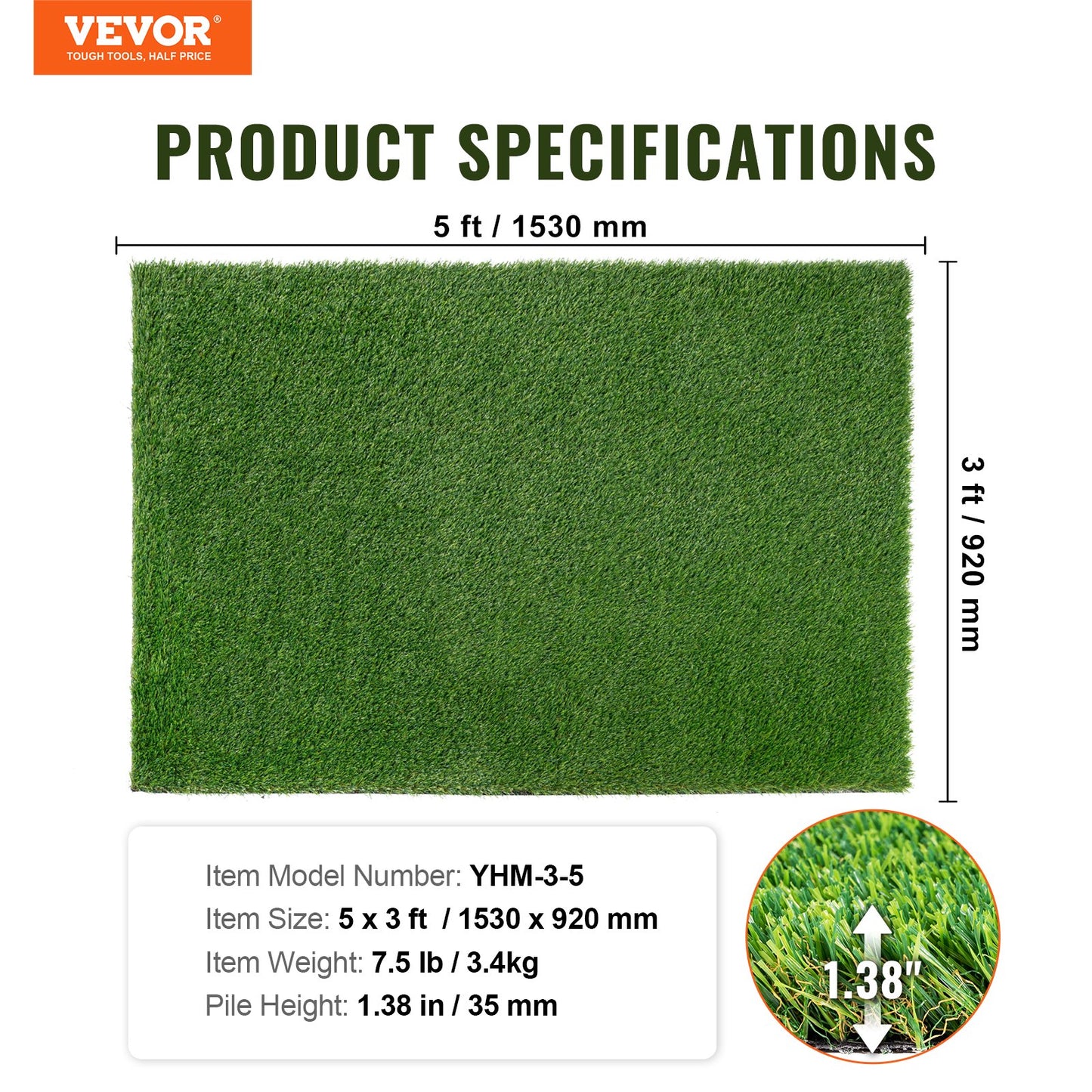 VEVOR Artifical Grass, 3 x 5 ft Rug Green Turf, 1.38" Fake Door Mat Outdoor Patio