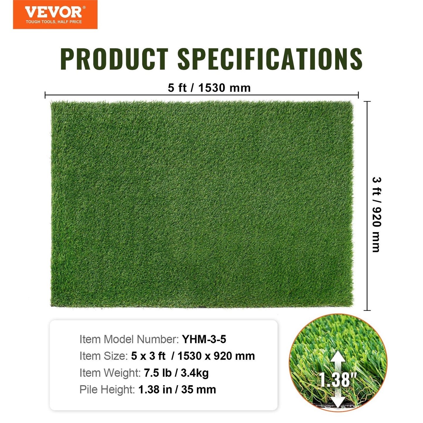 Artificial Grass Mat, 1.5 x 0.9m, 35mm Lawn Rug for Outdoor & Indoor Use