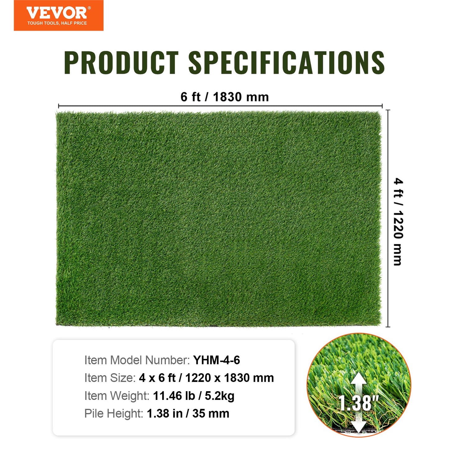 VEVOR Artifical Grass, 4 x 6 ft Rug Green Turf, 1.38"Fake Door Mat Outdoor Patio
