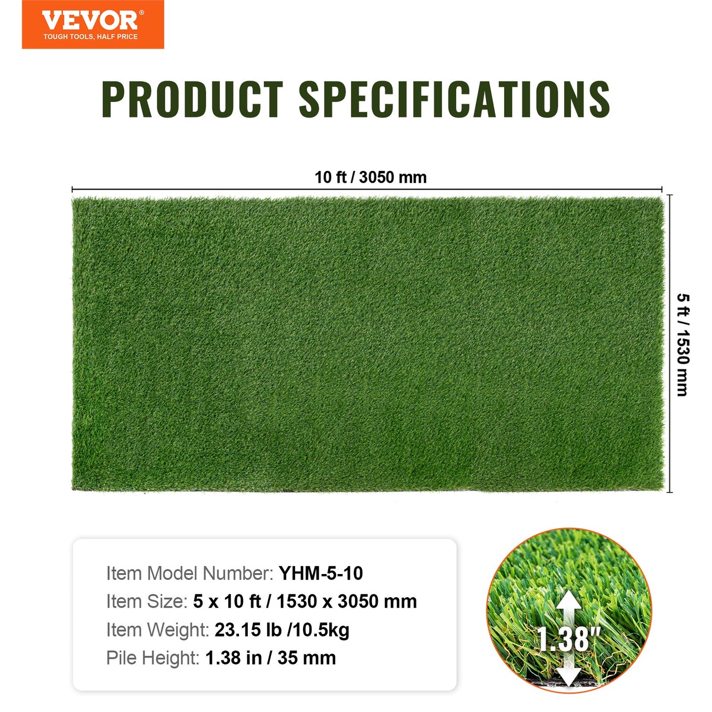 VEVOR Artifical Grass, 5 x 10 ft Rug Green Turf, 1.38"Fake Door Mat Outdoor Patio
