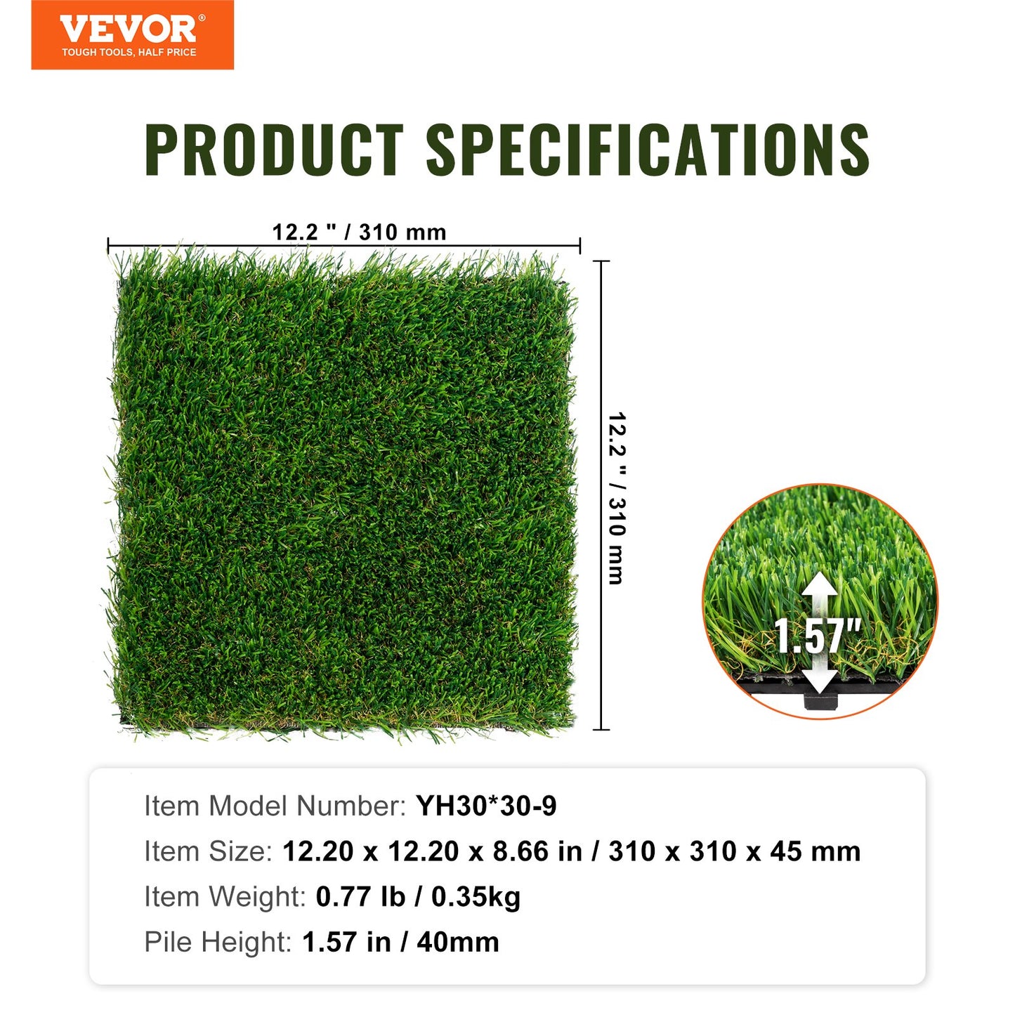 VEVOR Artifical Grass Tiles Interlocking Turf Deck Set, 9 Pack - 12"x12", Synthetic