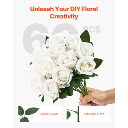 VEVOR 60 Pcs White Rose Artificial Flowers Realistic Bouquet for Xmas Home Decor