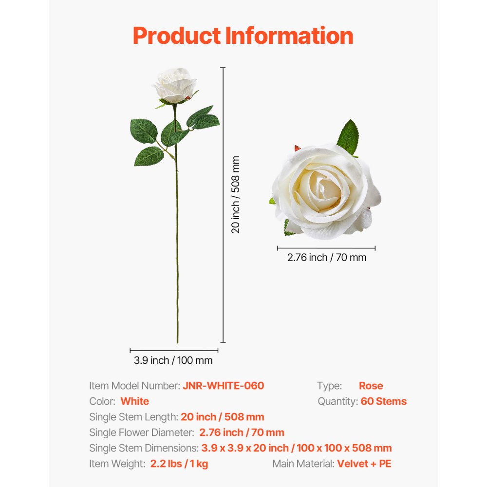 VEVOR 60 Pcs White Rose Artificial Flowers Realistic Bouquet for Xmas Home Decor