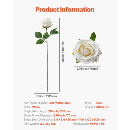 VEVOR 60 Pcs White Rose Artificial Flowers Realistic Bouquet for Xmas Home Decor